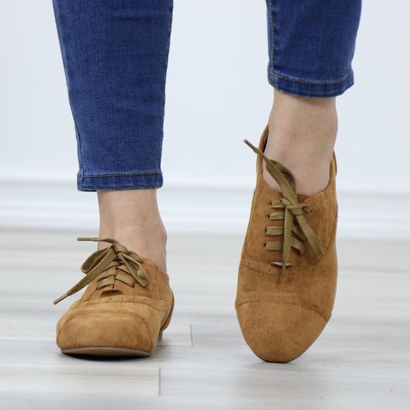 Tan Faux Suede Lace up Flat Heel Oxford Style Shoes - Picture 11 of 12